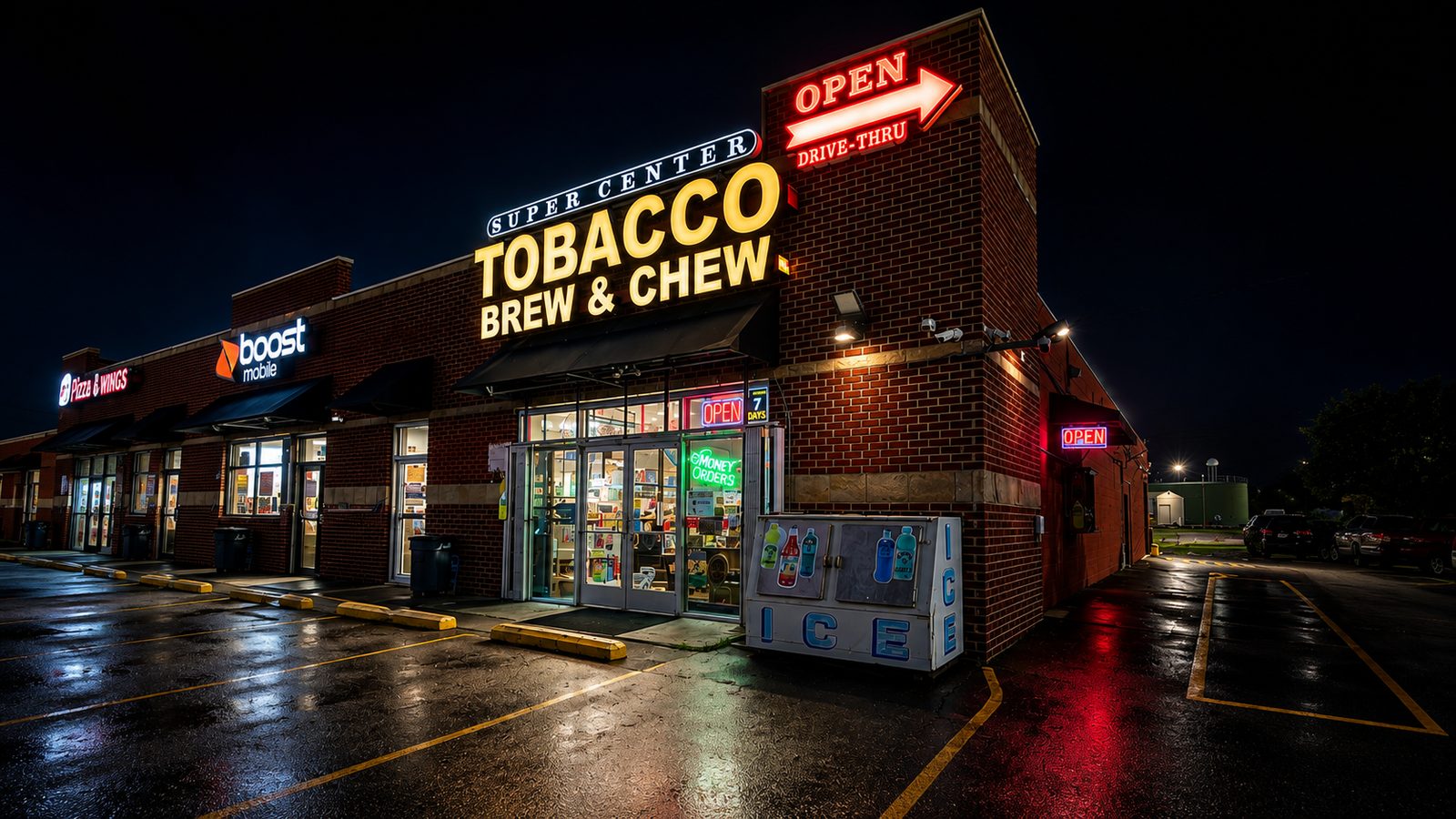 Tobacco Brew & Chew Super Center storefront in La Vergne, TN at night, lit with neon Open, Drive-Thru and Money Orders signs