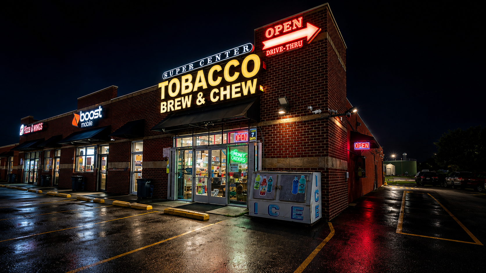 Tobacco Brew & Chew Super Center storefront in La Vergne, TN at night, lit with neon Open, Drive-Thru and Money Orders signs